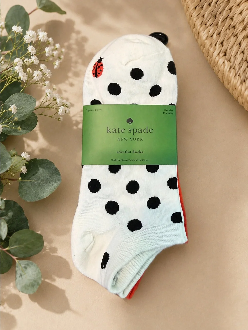kate spade White Polka Dot Low Cut Socks with Red Ladybug Accent